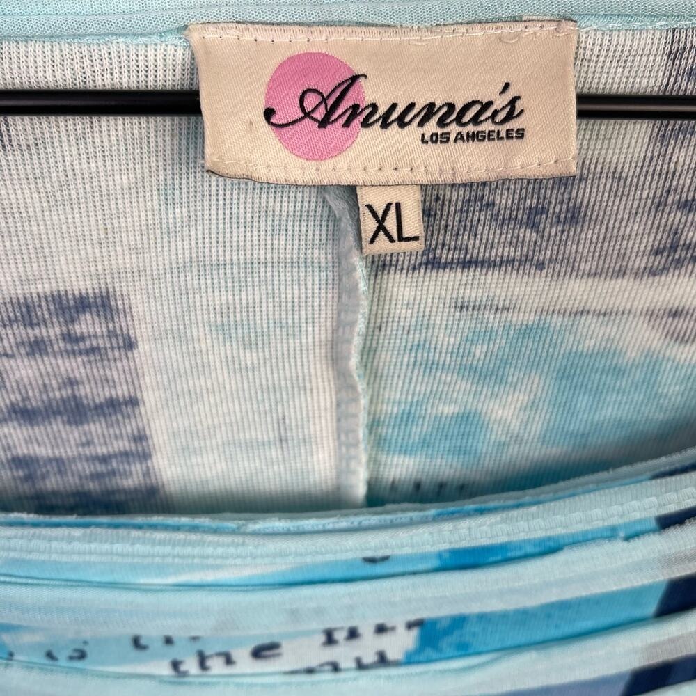 Anuna's Blue Abstract Newspaper Print Ruffle Handkerchief Tunic XL Lagenlook - Picture 8 of 10